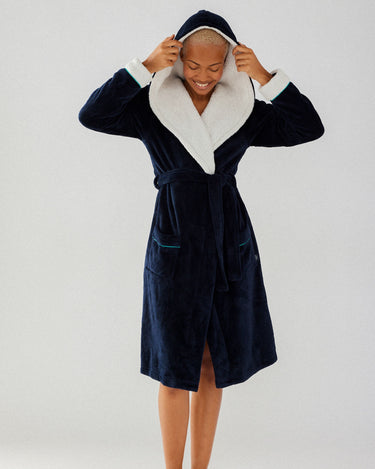 Navy Fluffy Hooded Dressing Gown